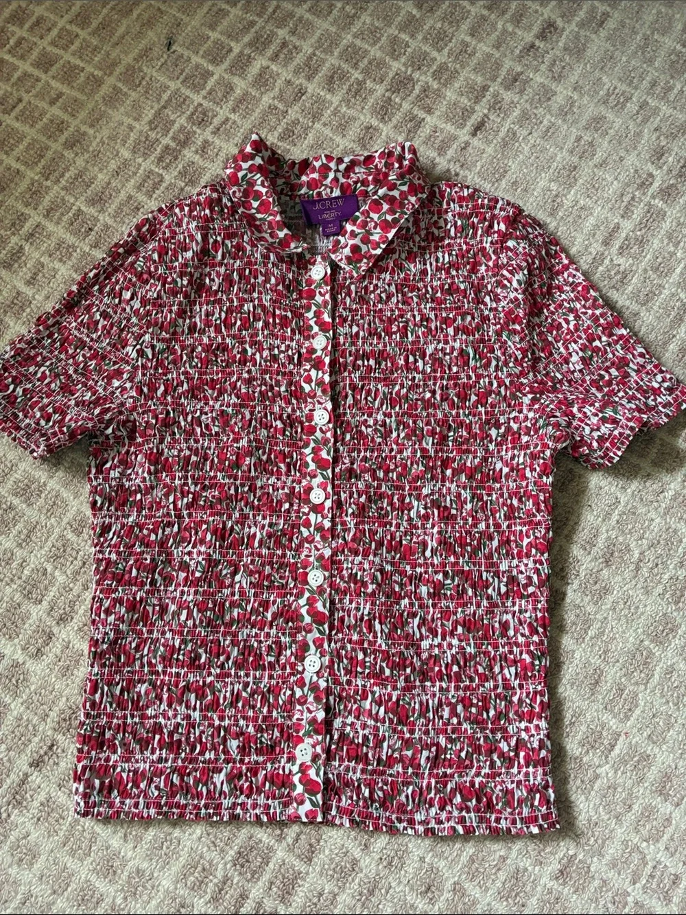 J.Crew Smocked button-up shirt in Liberty Eliza's Red fabric